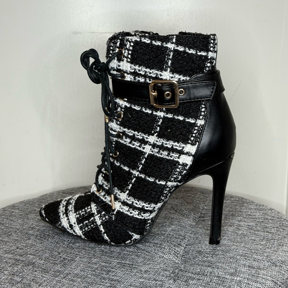 Shoe Dazzle Black and White Checkered Heeled Boots